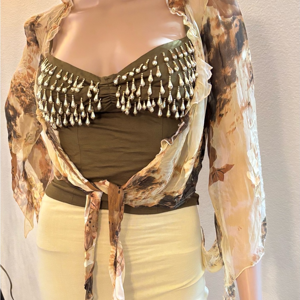 JohnPaulRichard Sheer tie, crop Blouse/Jacket with Earthy Tones, Chiffon,Bella - Picture 10 of 11